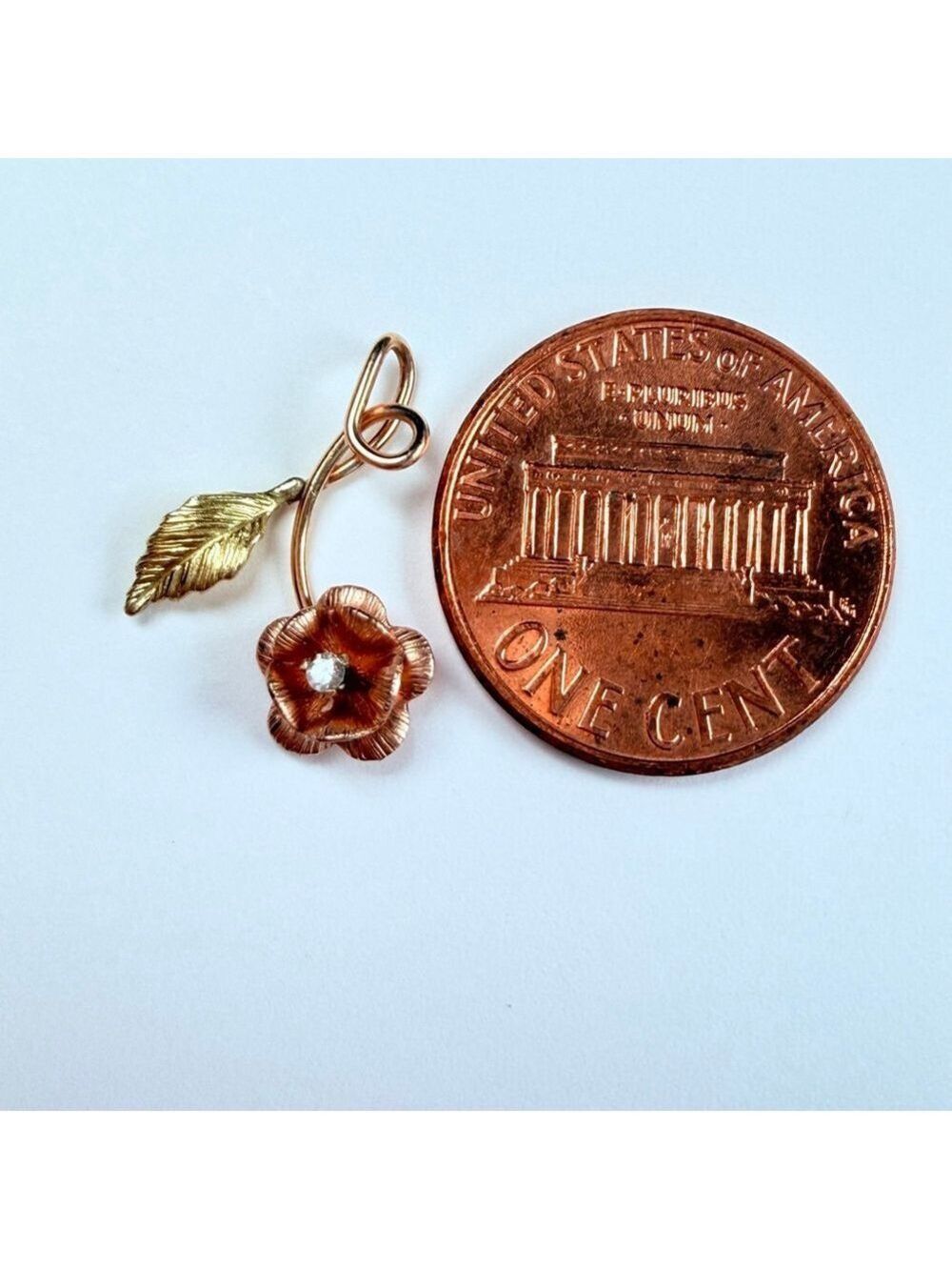 14K Two Tone Gold Diamond Solitaire Black Hills Style Rose & Leave Charm Pendant - Picture 6 of 7
